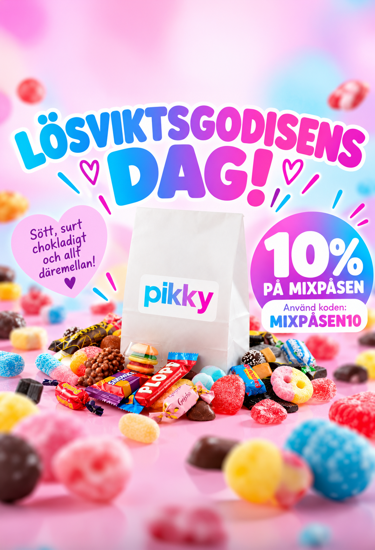 10% rabatt på Pikkypåsen Mix när du använder rabbattkoden MIXPÅSEN10 för att fira Lösviktsgodisets dag